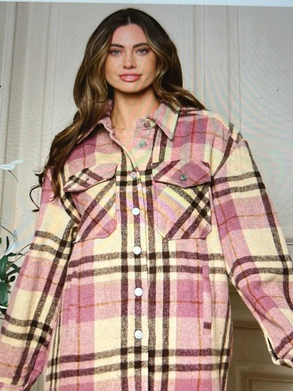 Women’s Shacket Pink Flannel Paid Size M Oversized